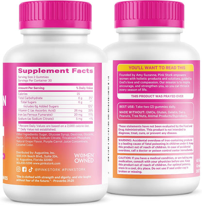 Pink Stork Prenatal Iron Supplement Gummies for Women, 20 mg, 60 Count | With Vitamin C for Absorption, Grape Flavor, Eases Iron Deficiency, Supports Energy + Oxygen Transport