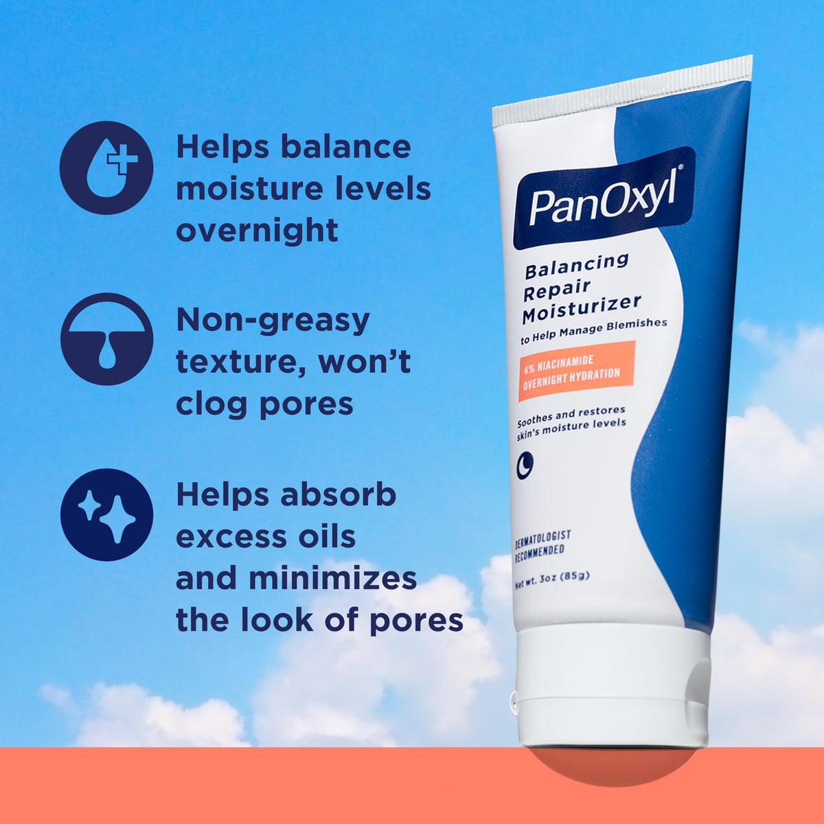 PanOxyl PM Balancing Repair Moisturizer with Niacinamide, Ceramides and Cica, Hydrating Face Moisturizer, Acne Prone Skin and Dry Skin, Non-Comedogenic Night Face Moisturizer, 3 oz PanOxyl