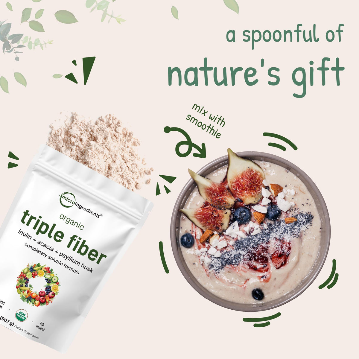Micro Ingredients Organic Triple Fiber Powder, 2lb | Natural Prebiotic to Support Digestive & Gut Health Micro Ingredients