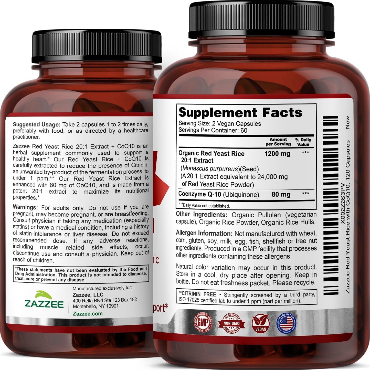 Zazzee Organic Red Yeast Rice 20:1 Extract with CoQ10, Citrinin-Free, 1200 mg per Serving, 80 mg CoQ10, 120 Vegan Capsules, Healthy Heart & Cardiovascular Support, Non-GMO, Made in the USA Gsupps Australia