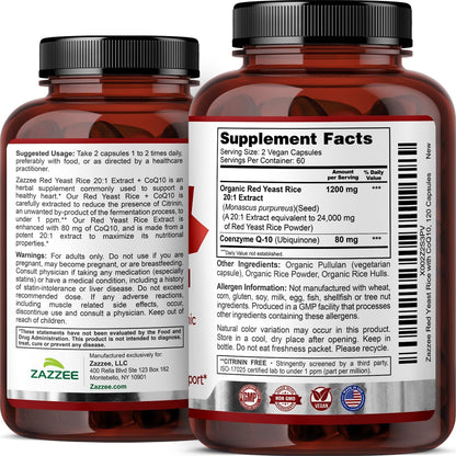 Zazzee Organic Red Yeast Rice 20:1 Extract with CoQ10, Citrinin-Free, 1200 mg per Serving, 80 mg CoQ10, 120 Vegan Capsules, Healthy Heart & Cardiovascular Support, Non-GMO, Made in the USA Gsupps Australia