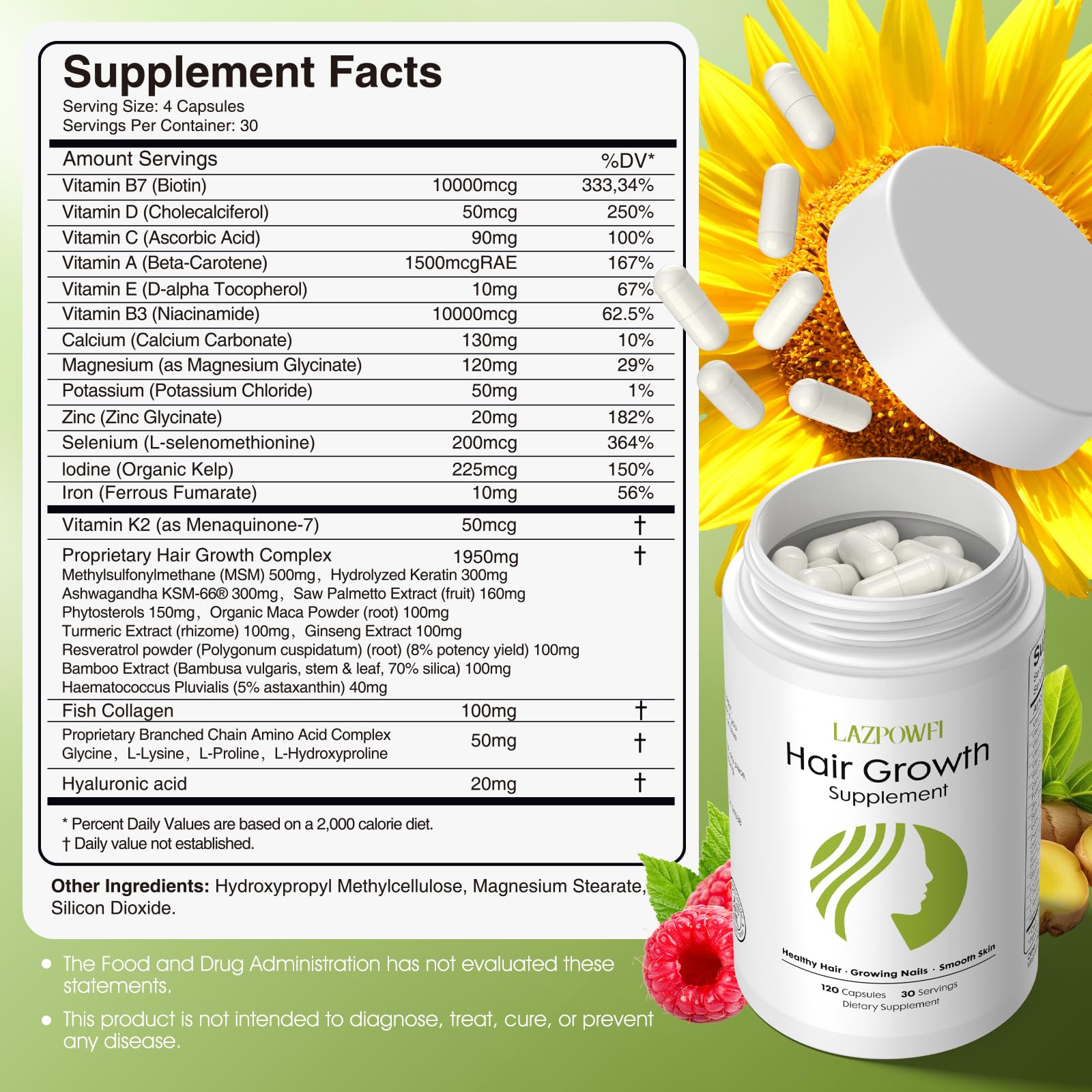 Lazpowfi Hair Growth Supplement, Biotin 10000mcg, 32-in-1 with Vitamin A, B3, C, Magnesium, Calcium, Hair Growth Products, Supports Hair & Nails Natural Growth Vitamins, for Women & Men - 30 Servings Lazpowfi buy australia supplements