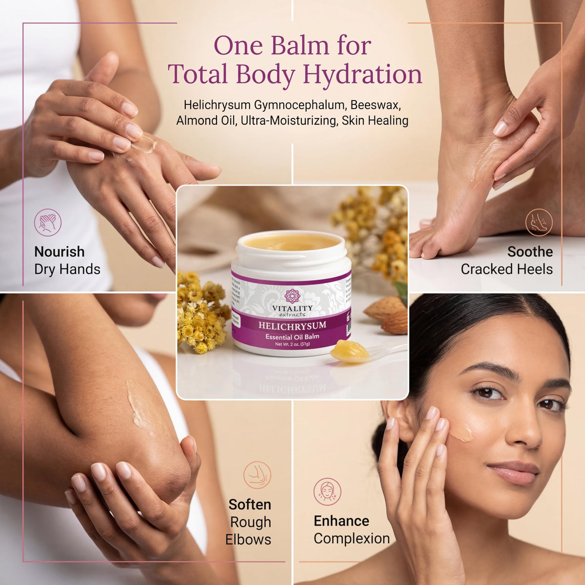 Vitality Extracts Helichrysum Balm - 2oz, Helichrysum Gymnocephalum, Beeswax, Almond Oil, Ultra-Moisturizing, Skin Healing, Full Body Hydration Vitality