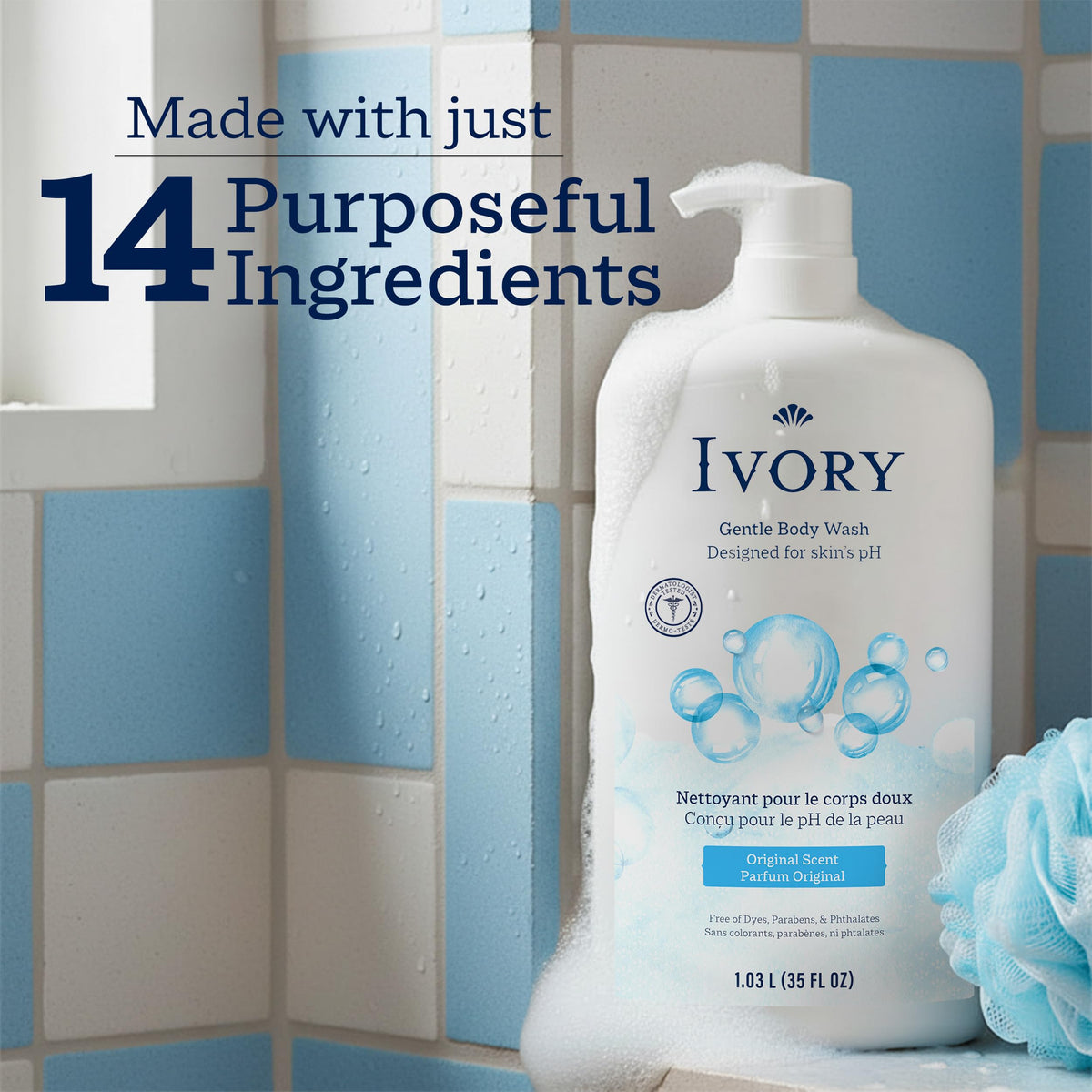 Ivory Body Wash, Designed for the Whole Family, Gentle Formula, Free of Dyes Heavy Perfumes Parabens Phthalates & Silicones, for Sensitive Skin, Designed for Skin's pH, Original Scent, 35 oz IVORY