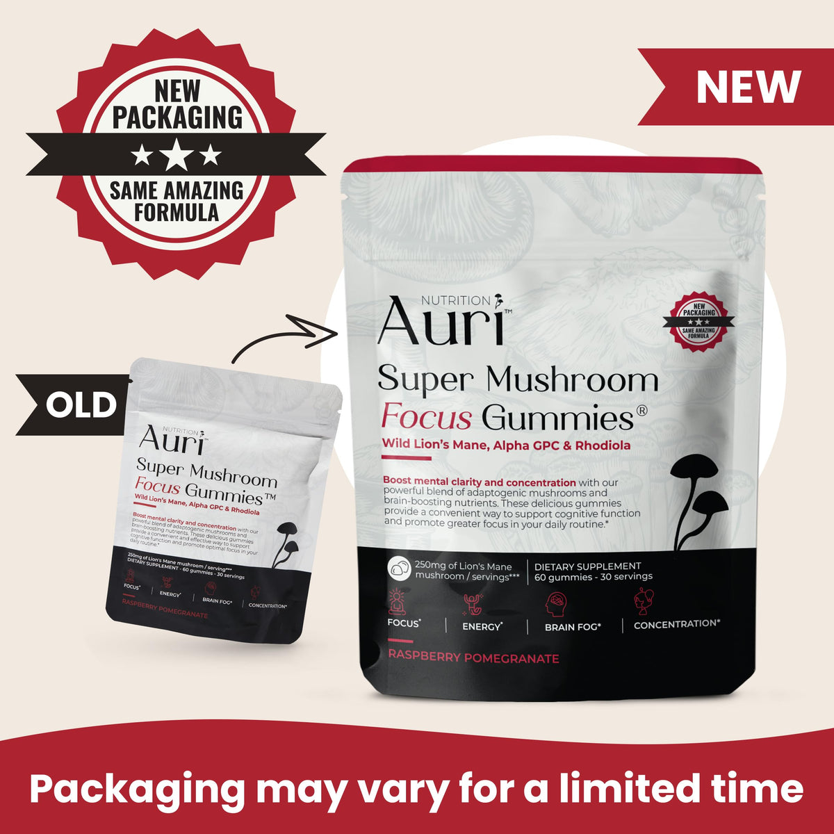 Auri Nutrition Super Mushroom Focus Gummies w/Lion's Mane, Alpha GPC & Rhodiola – Mushroom Supplement to Support Cognitive Function, Mental Clarity, Focus & Energy Auri
