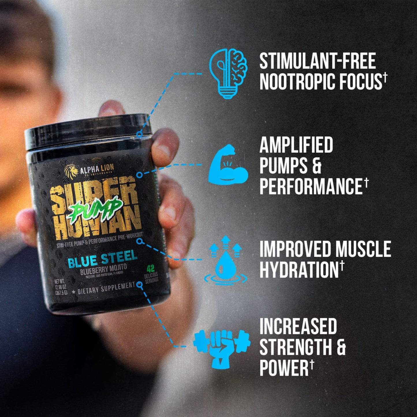 ALPHA LION Superhuman Pump Pre Workout Powder, Nootropic Caffeine & Stim Free Preworkout Supplement, Nitric Oxide Booster, Muscle Gainer, Energy & Focus (42 Servings, Mango Veiniac Flavor)