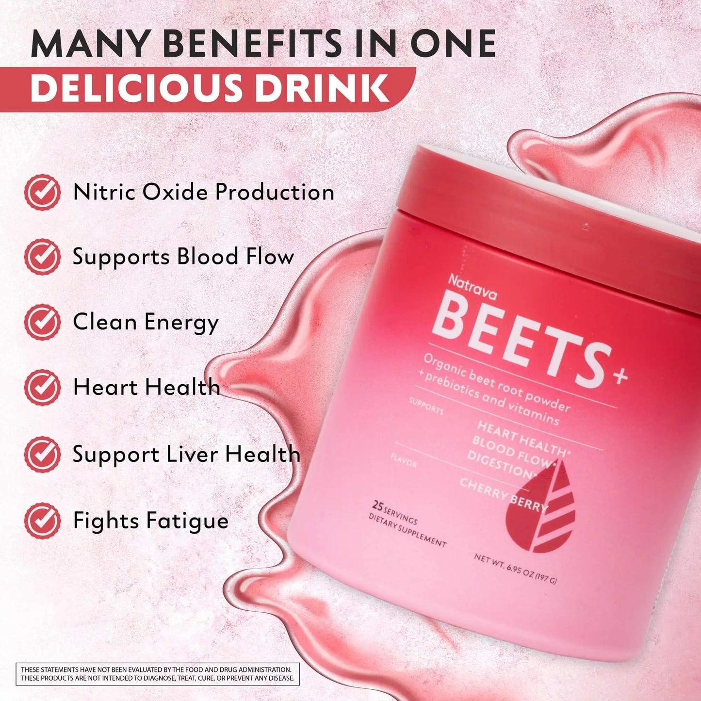 Natrava Beets+ Organic Beet Root Powder Blend Fortified with Vitamins & Prebiotics for Heart Healthy Energy & Nitric Oxide Production Natrava
