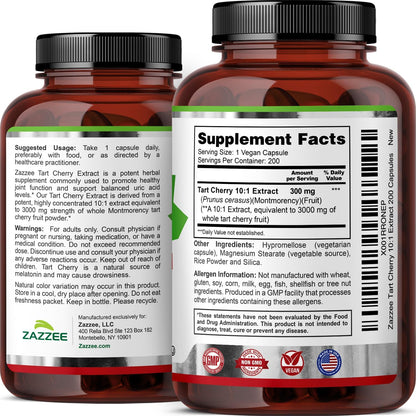 Zazzee Tart Cherry 10:1 Extract, 200 Vegan Capsules, 6+ Month Supply | Montmorency Cherry, Certified Kosher, Joint & Uric Acid Support, Antioxidant Support Formula, Non-GMO, Made in the USA Gsupps Australia