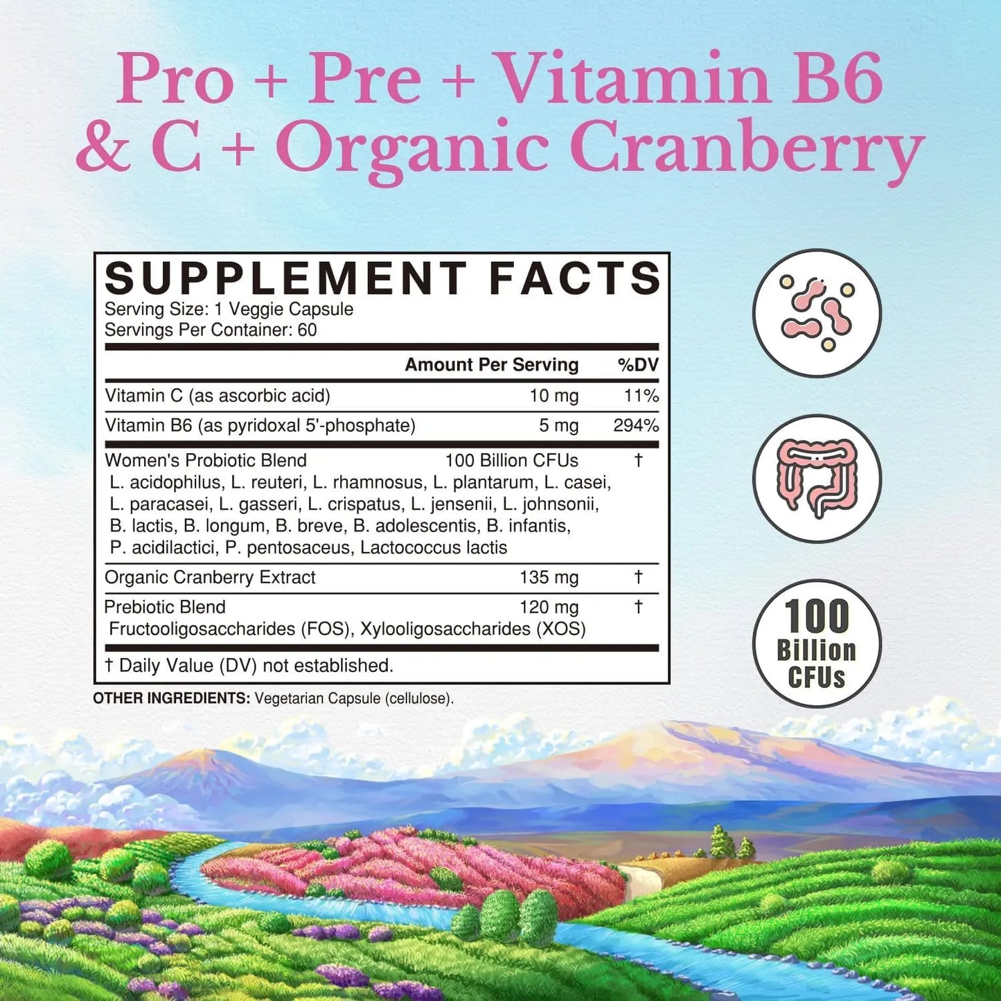 Vitalitown Women's Probiotics | 100 Billion CFUs 18 Strains | Prebiotics, VC & B6, Cranberry | Shelf Stable | Vaginal, Urinary Vitalitown