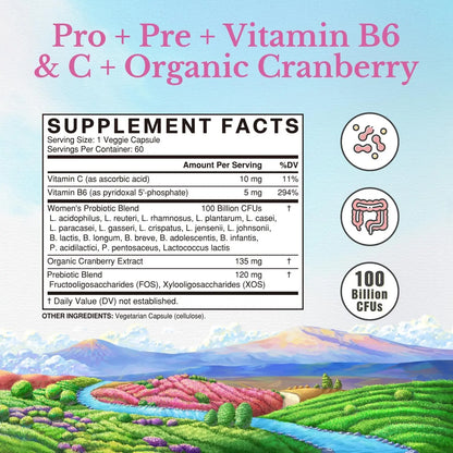 Vitalitown Women's Probiotics | 100 Billion CFUs 18 Strains | Prebiotics, VC & B6, Cranberry | Shelf Stable | Vaginal, Urinary Vitalitown
