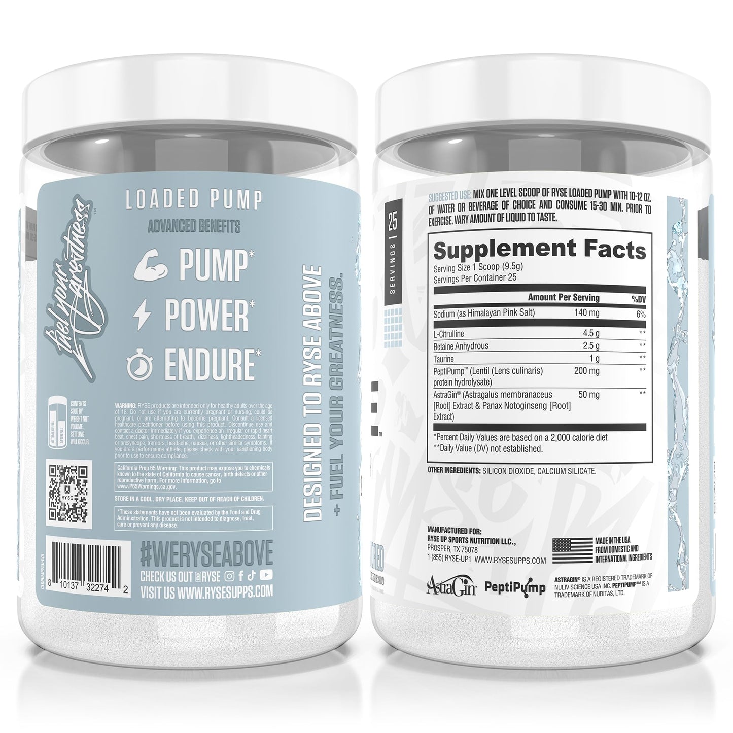 Ryse Loaded Pump Pre Workout Powder - Blue Razz Slush - No Caffeine Stimulant Free Formula for Pump, Power & Endurance - L-Citrulline, PeptiPump, Betaine Anhydrous, Taurine & AstraGin - 25 Servings