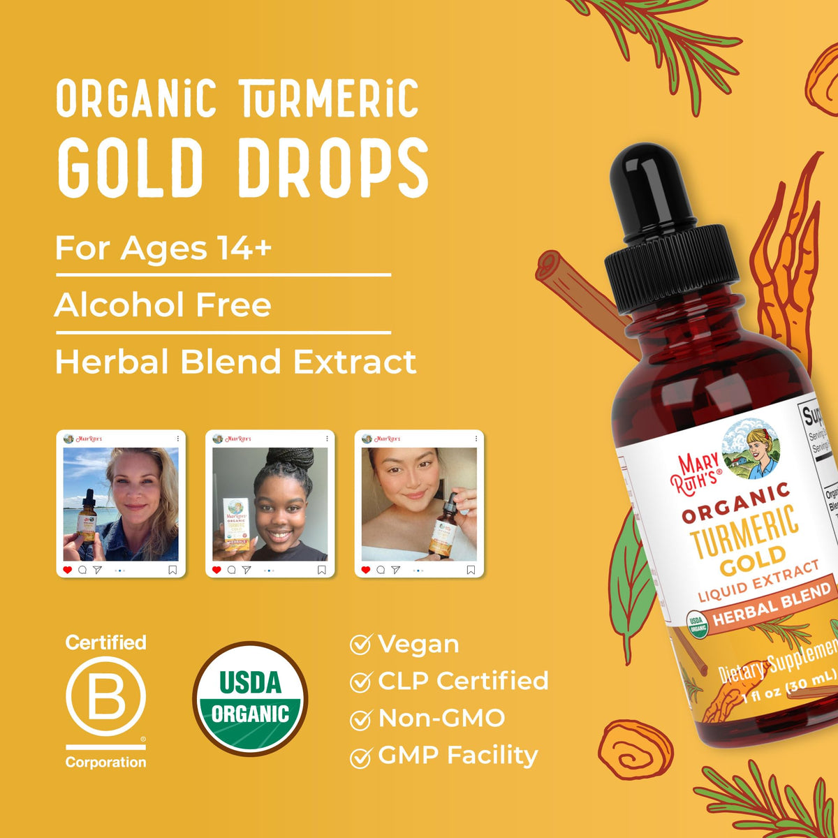 MARYRUTH'S Organics USDA Turmeric Gold Liquid Drops | Herbal Blend | Turmeric Curcumin | Black Pepper | Cassia Cinnamon Bark | Ginger Root | Immune Support MARYRUTH'S