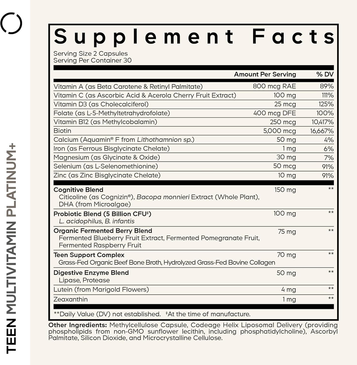 Codeage Teen Multivitamin+ Platinum Supplement - Vitamins A, C, D3, E, B6, B12, Minerals, Probiotics, Citicoline, Collagen, Bone Broth, Folate, Biotin, Lutein, Zeaxanthin - Non-GMO - 60 Capsules