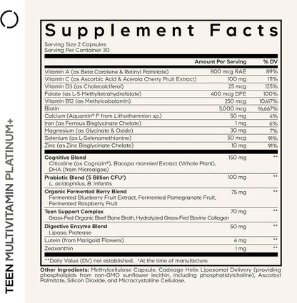 Codeage Teen Multivitamin+ Platinum Supplement - Vitamins A, C, D3, E, B6, B12, Minerals, Probiotics, Citicoline, Collagen, Bone Broth, Folate, Biotin, Lutein, Zeaxanthin - Non-GMO - 60 Capsules