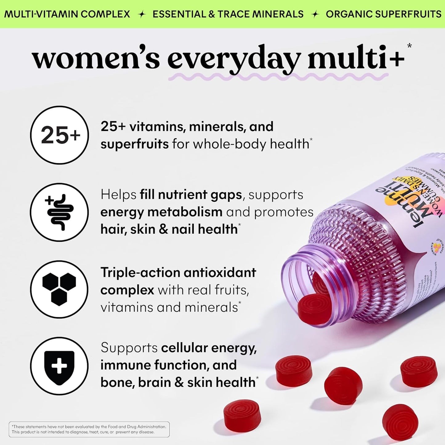 Lemme Women's Multivitamin Gummies, Daily Nutritional Support with Vitamins A, C, D, E, Biotin, Folic Acid, Zinc & Inositol, Bone, Brain, Skin & Immune Health, Raspberry Orange, 30-Day Supply