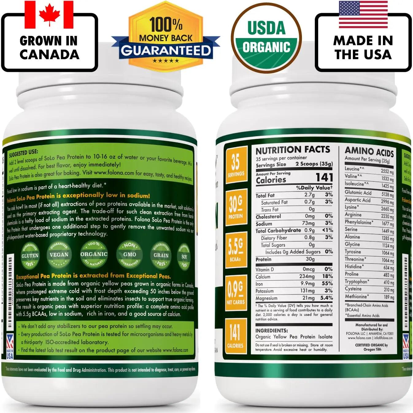 SOLO Organic Pea Protein Isolate, Low in Sodium, Canada Grown Peas, 100% Vegan, Non-GMO, Unflavored Plant Based Protein Powder with BCAA, Keto & Paleo Friendly, FOLONA