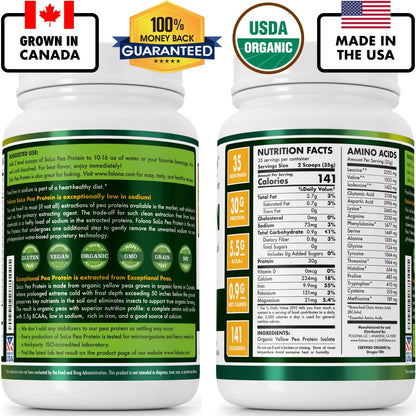 SOLO Organic Pea Protein Isolate, Low in Sodium, Canada Grown Peas, 100% Vegan, Non-GMO, Unflavored Plant Based Protein Powder with BCAA, Keto & Paleo Friendly, FOLONA