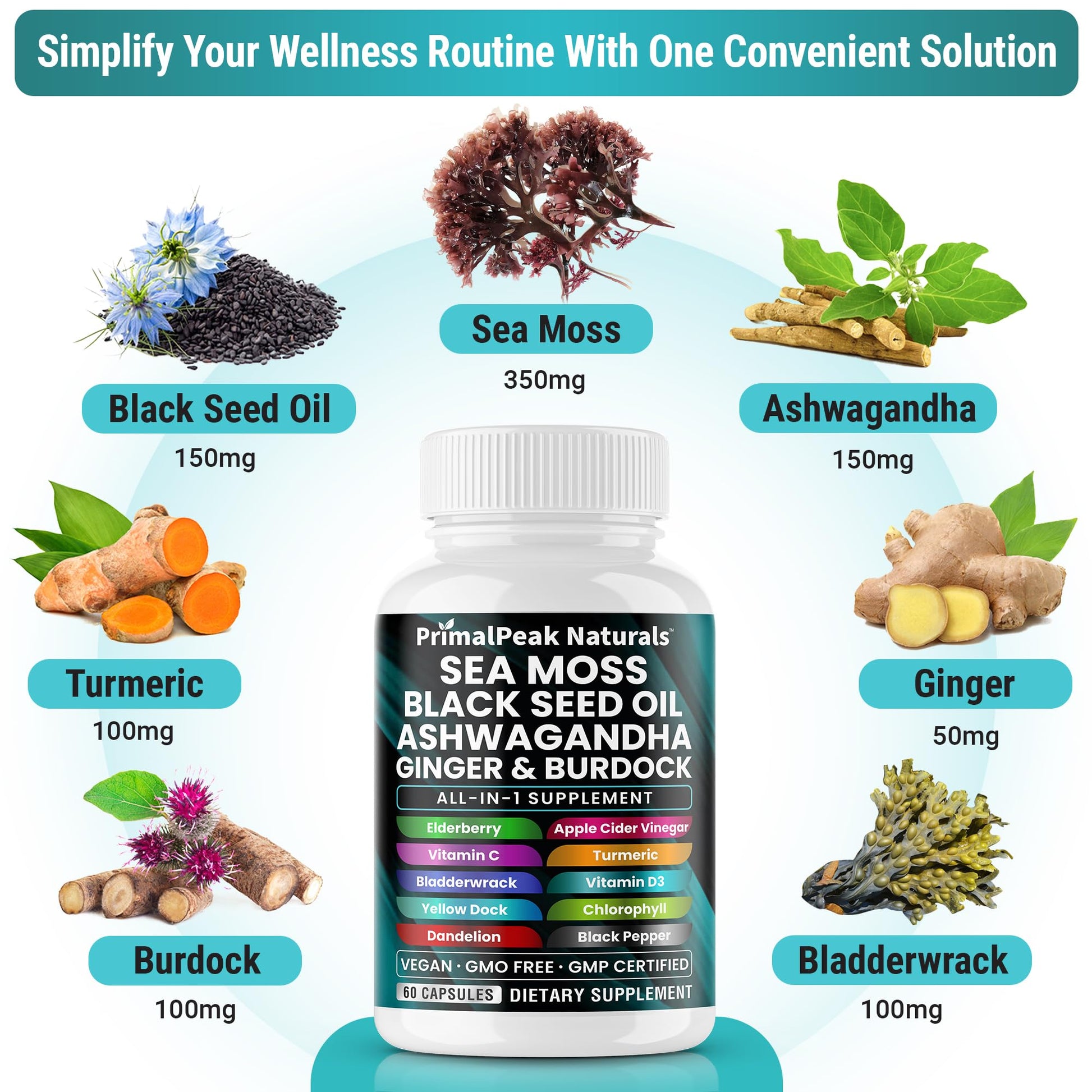 PrimalPeak Naturals Sea Moss Black Seed Oil Ashwagandha Ginger Burdock Bladderwrack Turmeric & Vitamin C Vitamin D3 with ACV Elderberry Chlorophyll Dandelion Yellow Dock Vegan Capsules - 60 Count PrimalPeak Naturals buy australia supplements