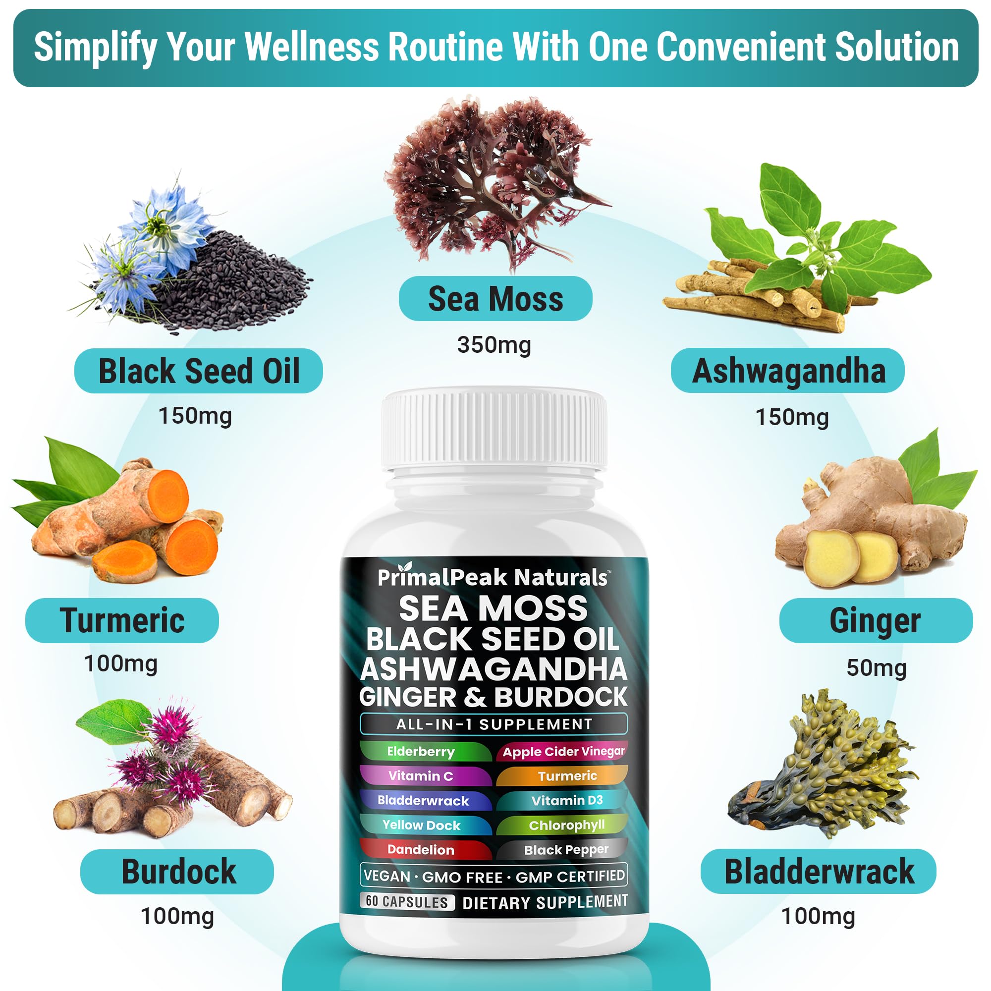 PrimalPeak Naturals Sea Moss Black Seed Oil Ashwagandha Ginger Burdock Bladderwrack Turmeric & Vitamin C Vitamin D3 with ACV Elderberry Chlorophyll Dandelion Yellow Dock Vegan Capsules - 60 Count PrimalPeak Naturals buy australia supplements