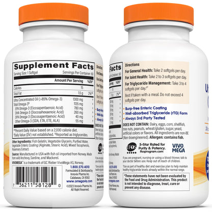 OmegaVia Ultra Concentrated Omega 3 Fish Oil Burpless, 60 Softgels, Triple Strength Omega 3 Fish Oil Supplements, 1135 mg Pure Omega3 OmegaVia