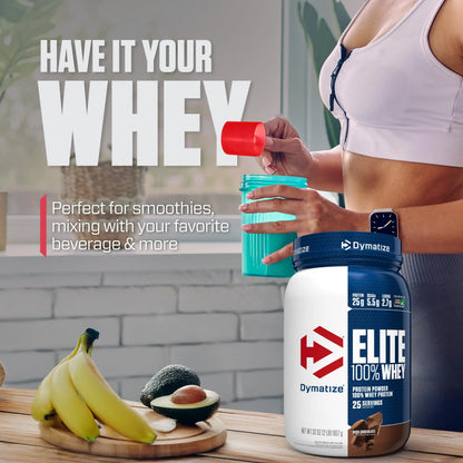 Dymatize Elite 100% Whey Protein Powder, Chocolate, 25g of Protein, 5.5g BCAAs, Less Than 140 Cal., Gluten Free, 3g Carb, 2g Sugar, 3g Fat (25 Servings) Dymatize
