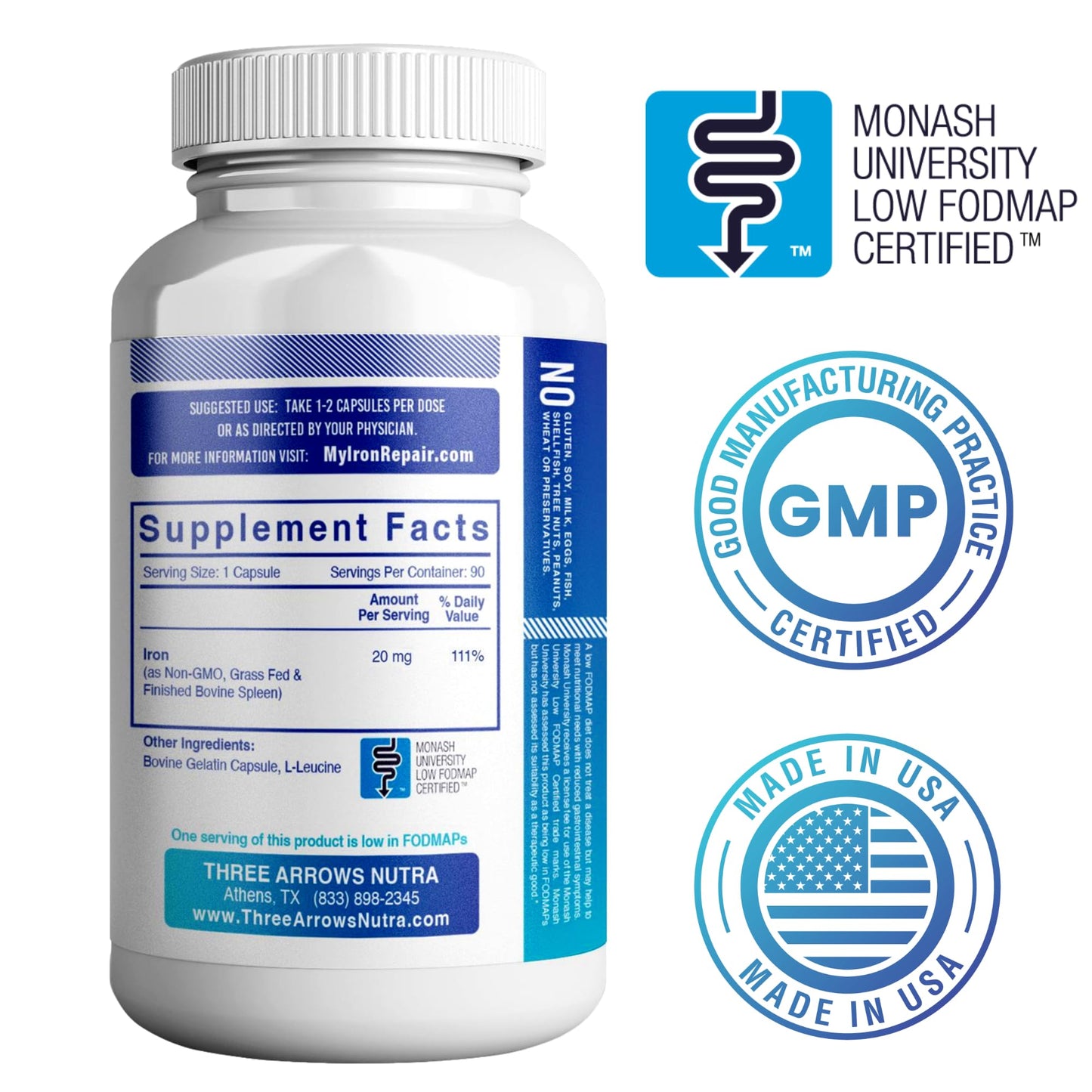 Iron Repair Simply Natural Iron Supplement, Best Absorption & Gentle on Stomach, Monash Low FODMAP, Raise Hemoglobin & Ferritin Iron Pills for Women, Men, Teens Three Arrows