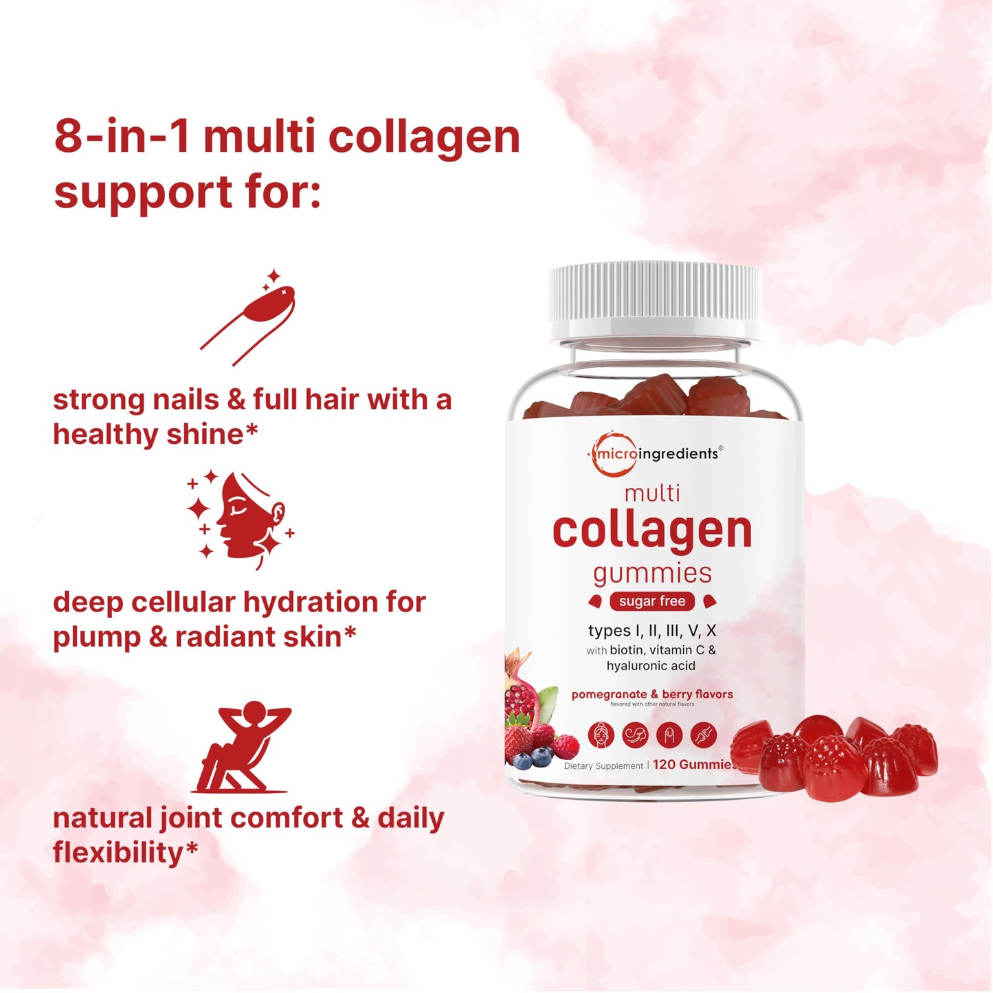 Micro Ingredients Multi Collagen Peptides, 120 Collagen Gummies | Type I,II,III,V,X Protein with Biotin, Hyaluronic Acid, & Vitamin C Complex | Pomegranate & Berry Flavored Micro Ingredients
