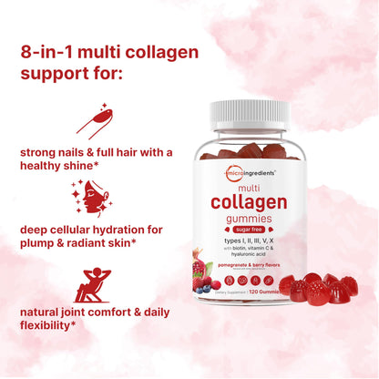 Micro Ingredients Multi Collagen Peptides, 120 Collagen Gummies | Type I,II,III,V,X Protein with Biotin, Hyaluronic Acid, & Vitamin C Complex | Pomegranate & Berry Flavored Micro Ingredients