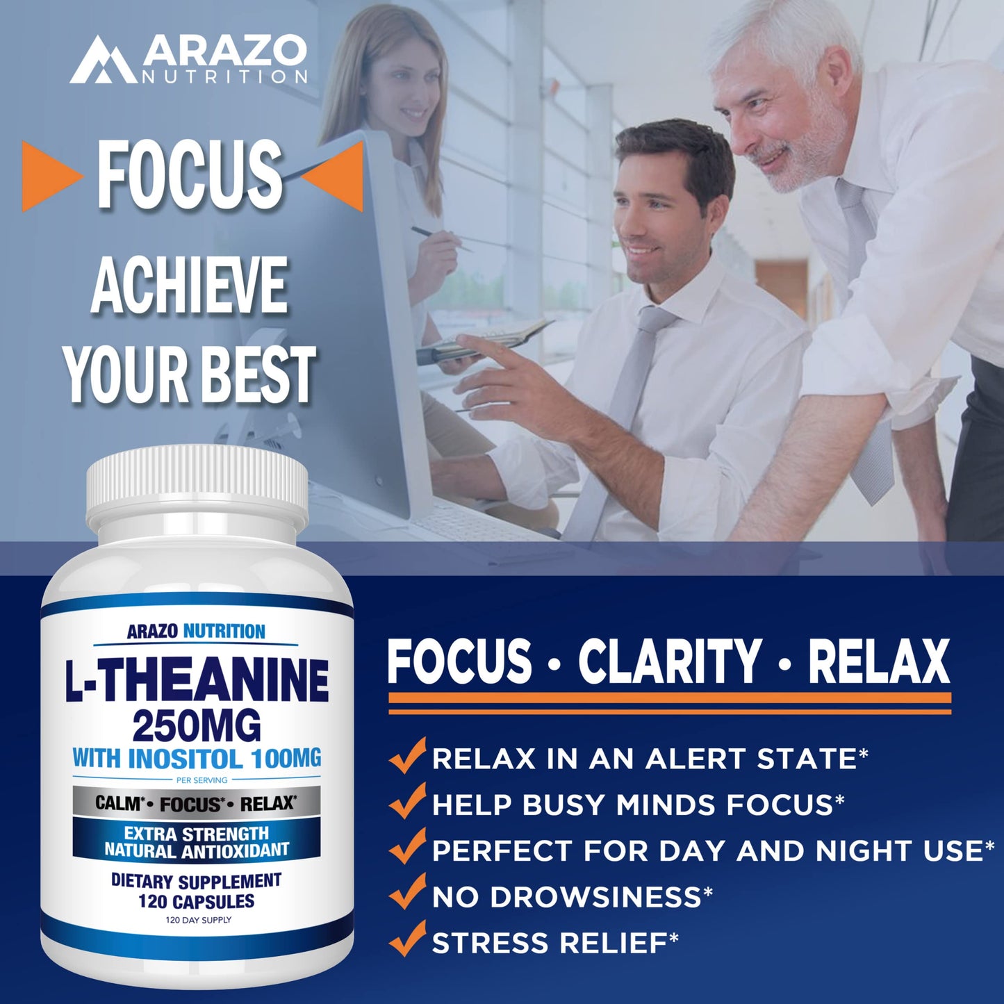 Arazo Nutrition L-Theanine 250mg (Extra Strength) with Inositol 100mg Per Serving, 120 Capsules Vegetarian Gsupps Australia
