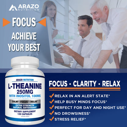 Arazo Nutrition L-Theanine 250mg (Extra Strength) with Inositol 100mg Per Serving, 120 Capsules Vegetarian Gsupps Australia