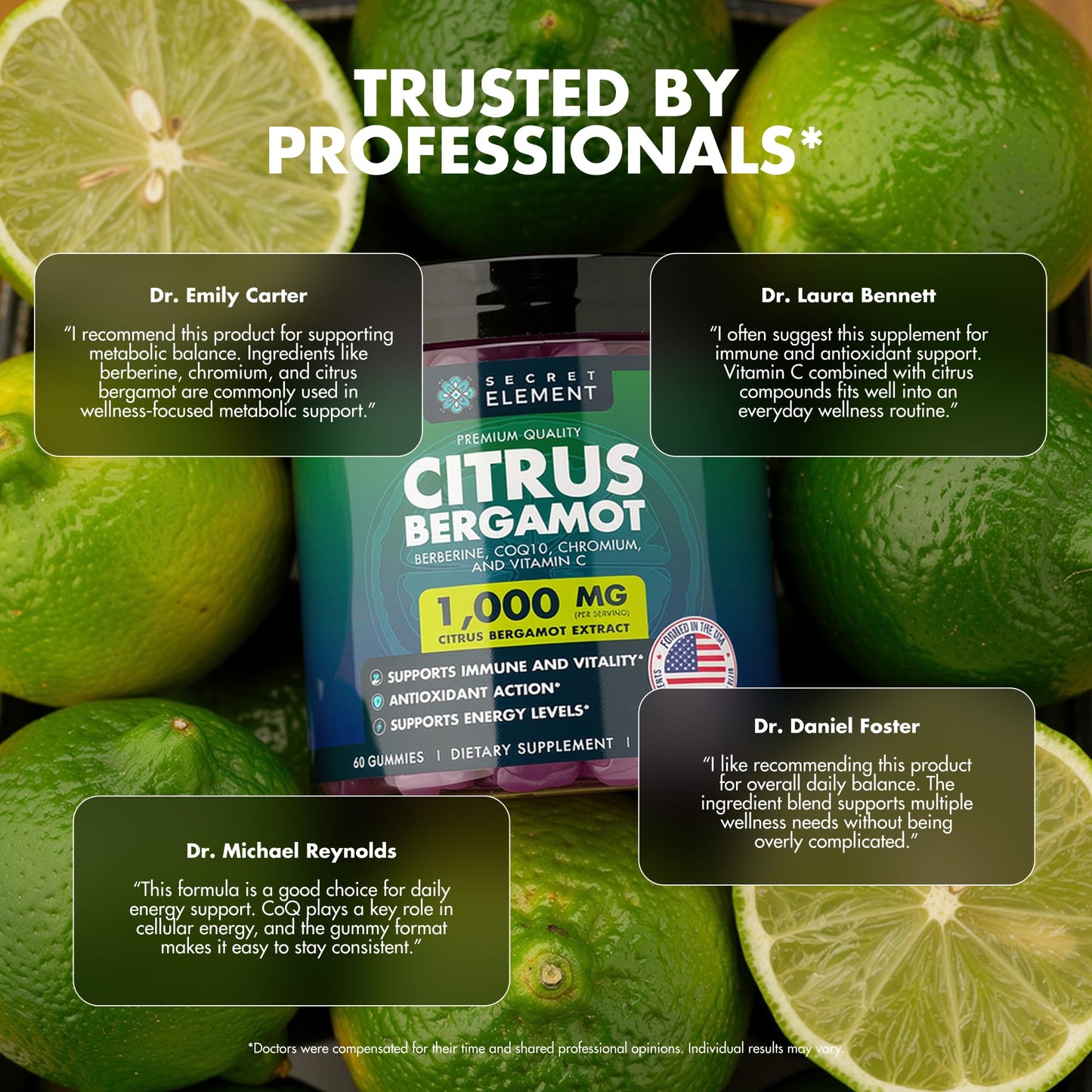 Citrus Bergamot 1000MG Gummies for Women and Men, Citrus Bergamot Extract with Berberine, CoQ10, Chromium & Vitamin C, Metabolic & Antioxidant Support, Secret Element