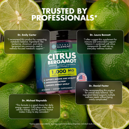 Citrus Bergamot 1000MG Gummies for Women and Men, Citrus Bergamot Extract with Berberine, CoQ10, Chromium & Vitamin C, Metabolic & Antioxidant Support, Secret Element
