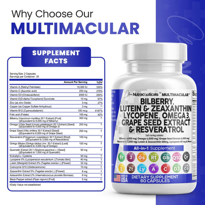 Eye Health Vitamins with Bilberry 6000mg Lutein & Zeaxanthin 40mg Lyco