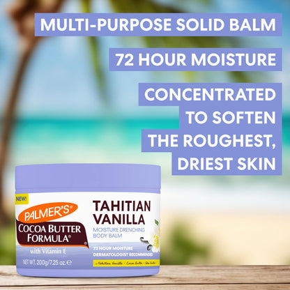 Palmers Cocoa Butter Formula, Tahitian Vanilla Moisture Drenching Body Balm (7.25 oz), Warm Vanilla Body Moisturizer for Dry Skin, Softens & Nourishes, 72-Hour Moisture, Dermatologist Approved Palmer's