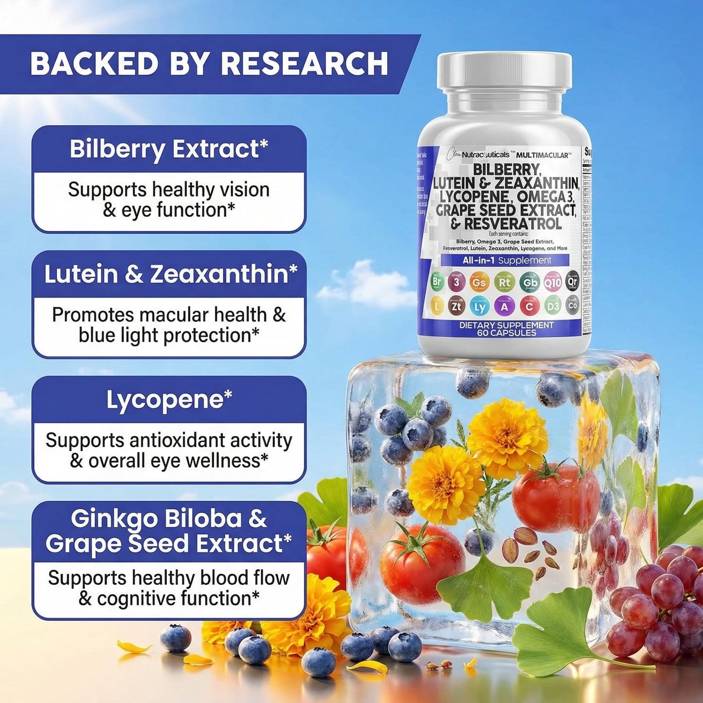 Clean Nutra Eye Vitamins with Bilberry Lutein and Zeaxanthin Supplements Lycopene 40mg Resveratrol Grape Seed Astaxanthin for Eyes - Eye Care Health Support Eye Clean Nutraceuticals