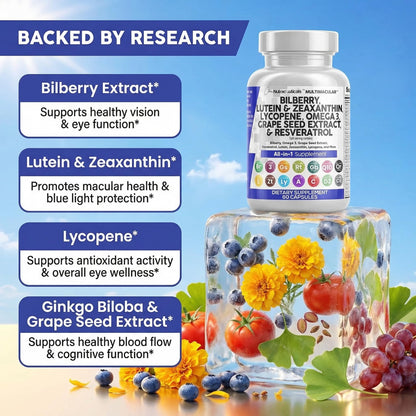 Clean Nutra Eye Vitamins with Bilberry Lutein and Zeaxanthin Supplements Lycopene 40mg Resveratrol Grape Seed Astaxanthin for Eyes - Eye Care Health Support Eye Clean Nutraceuticals