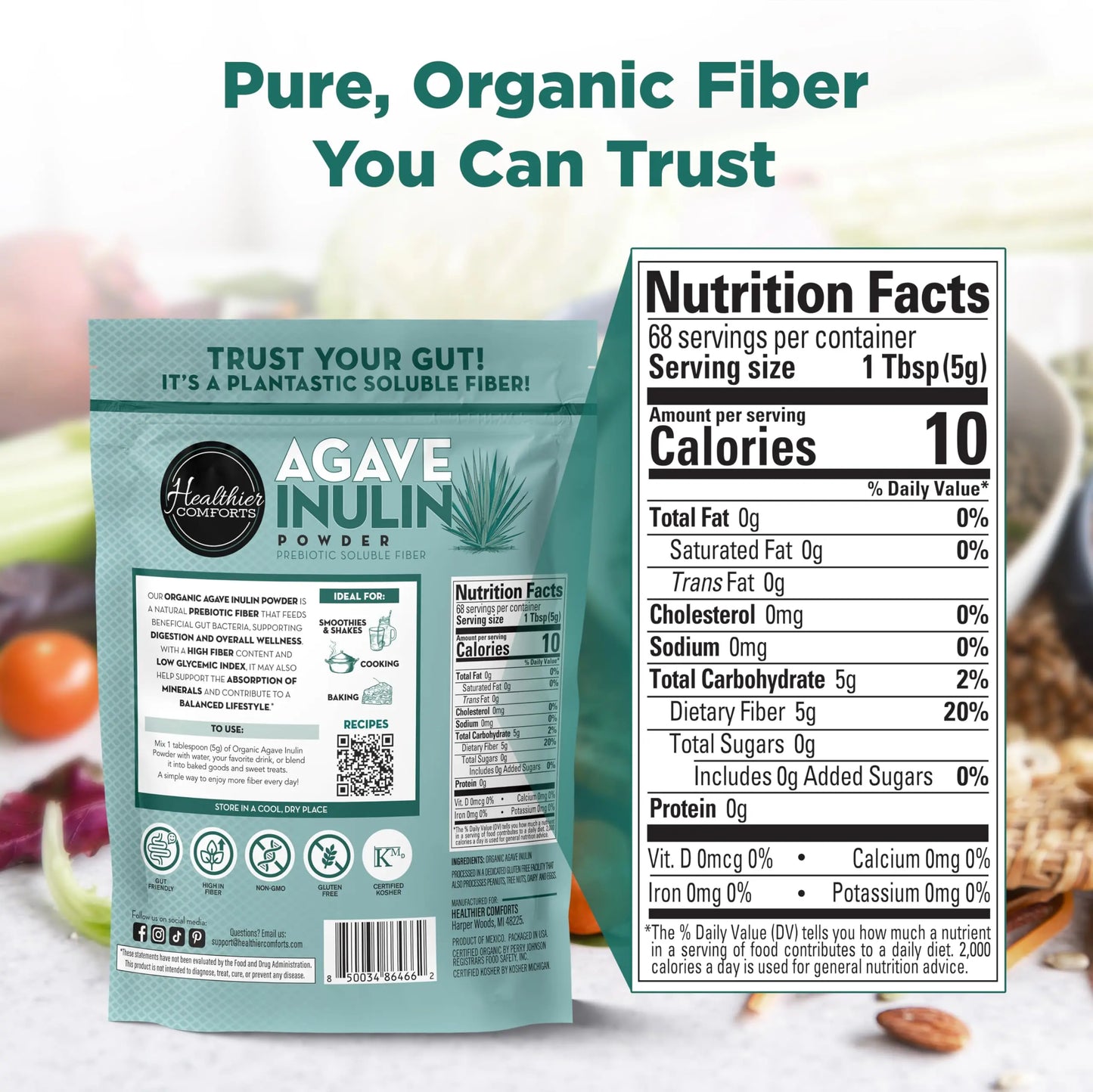 Healthier Comforts Organic Inulin Powder (12 oz) from Blue Agave | Soluble Prebiotic Fiber, Gentle on Digestion, Non-GMO | Perfect for Coffee, Baking & Cooking Healthier Comforts