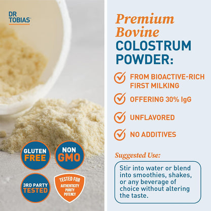 Dr. Tobias Colostrum Powder - Premium Bovine Colostrum Supplement for Immune Support, Gut Health & Muscle Recovery | 3g Per Serving Minimum 30% IgG Unflavored (8 oz 76 Servings)