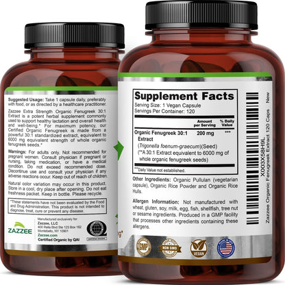 Zazzee USDA Organic Fenugreek 30:1 Extract, 120 Capsules, 4 Month Supply | Vegan, Breastfeeding & Lactation Support for Nursing Mothers, Organic Herbal Supplement, All-Natural, Non-GMO, Made in USA Gsupps Australia