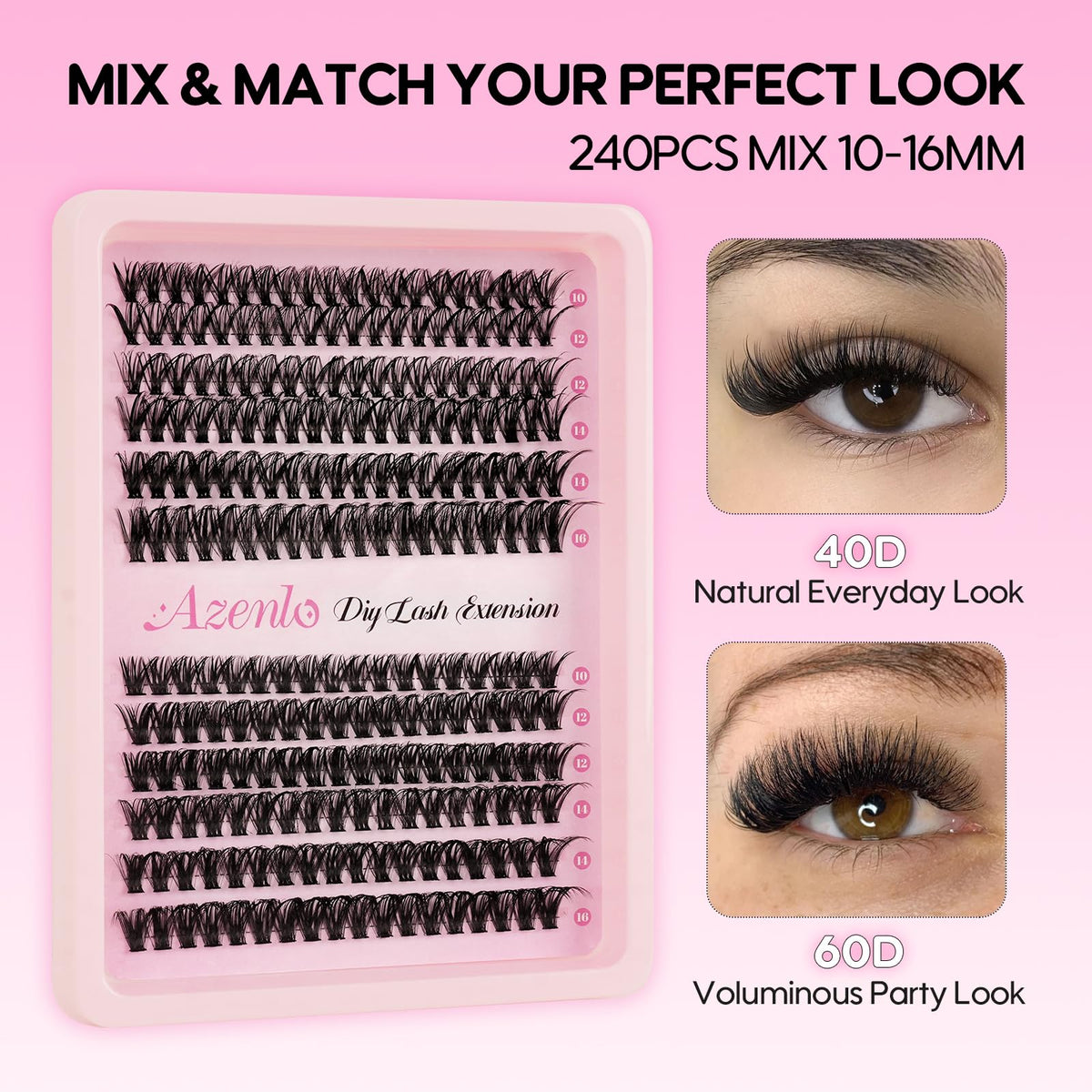 Azenlo Lash Extensions 40D+60D Cluster 240pcs DIY Wispy Lash Clusters 10-16mm Eyelash Clusters for Beginners At Home Individual Thin Band Lash Kit (40D+60D Kit) Azenlo