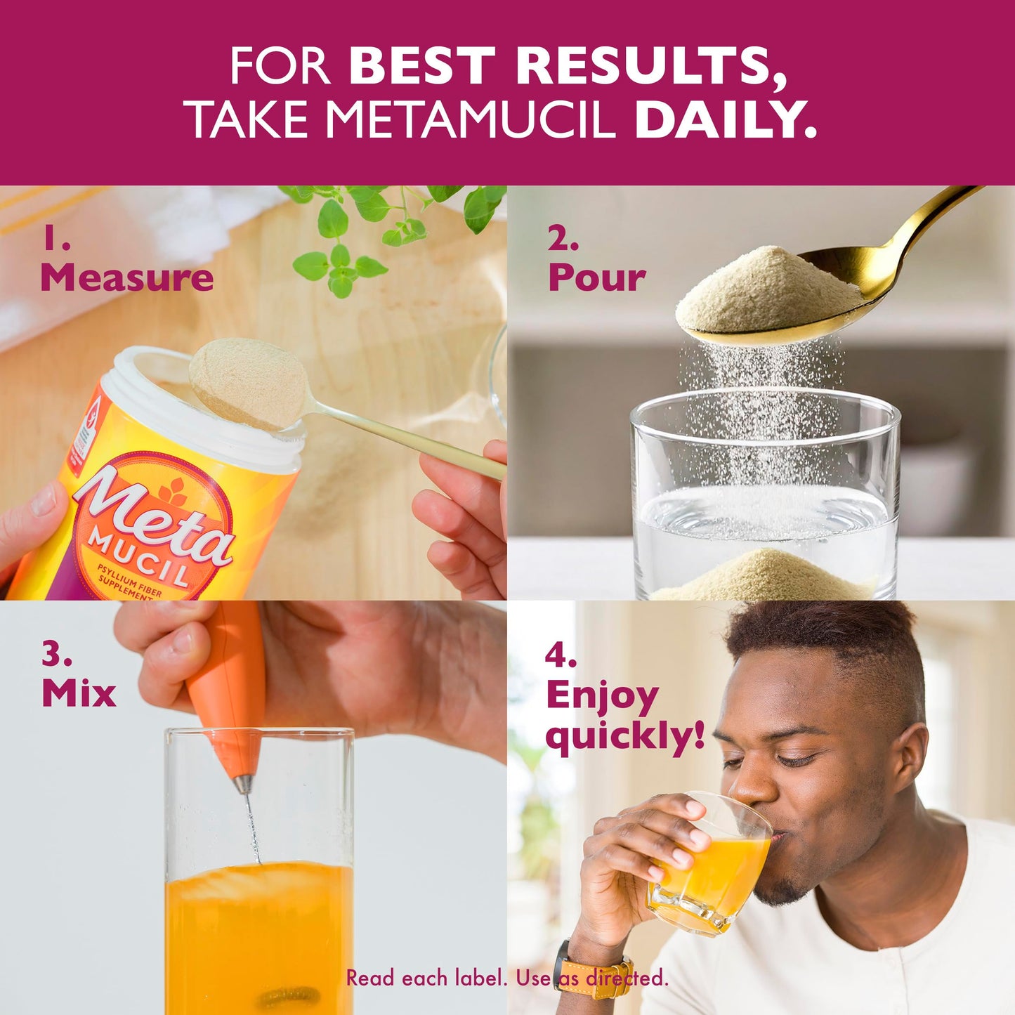 Metamucil 4-in-1 Psyllium Husk Friendly Fiber Supplement, Sugar-Free, 72 teaspoons, Orange Flavored, Daily Fiber Powder for Digestive Health Metamucil