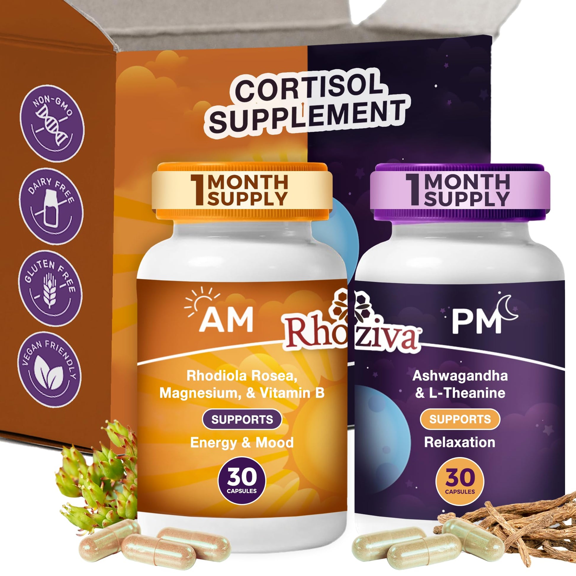 AM PM Multivitamin - Cortisol Supplements for Women and Men with L-Theanine, Ashwagandha - Rhodiola Rosea Supplement 200mg - Vitamin B Complex - Nootropics - Day and Night Vitamins for Women & Men Rhoziva buy australia supplements