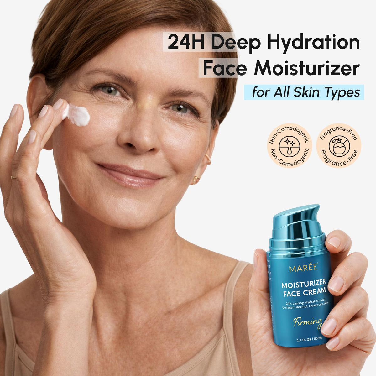 MAREE Face Moisturizer – Firming & Lifting Face Cream for Women with Collagen, Retinol & Hyaluronic Acid – Day & Night Anti-Aging Facial Wrinkle DD Cream Moisturizer for Dry Skin – 1.7 Fl Oz MAREE