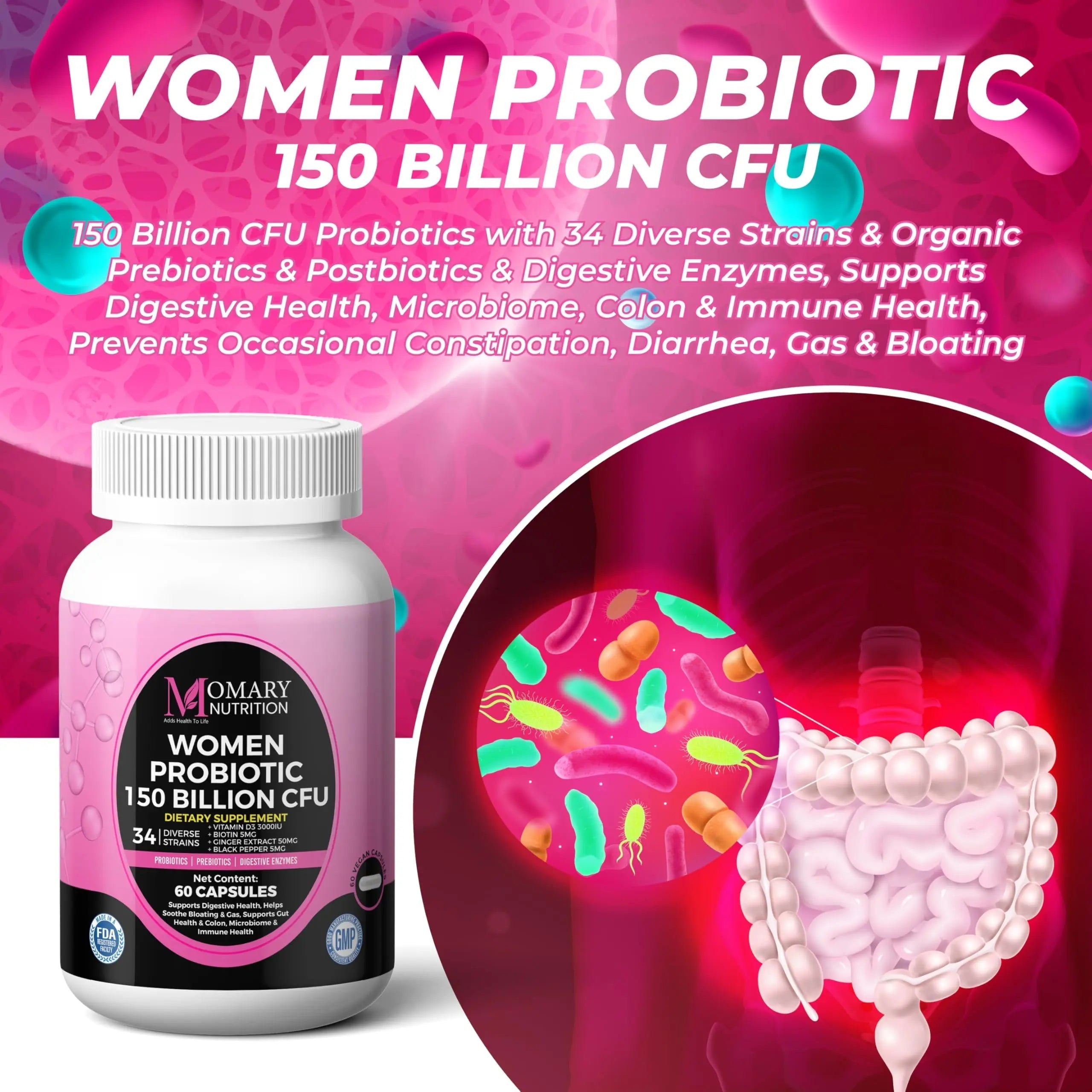 9-in-1 Bio Cultures Complex for Women – 150 Billion CFU Probiotics with 34 Diverse Strains, Organic Prebiotics, Postbiotics, Digestive Enzymes & Biotin – Supports Digestive Balance & Gut Microbiome MOMARY NUTRITION buy australia supplements