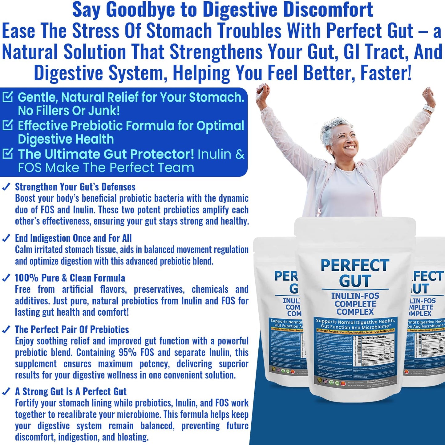 Perfect Gut: Inulin FOS Powder for Gut Health. Prebiotic Inulin. Unique Prebiotic 95% FOS Inulin Agave Fiber Kidney Restore