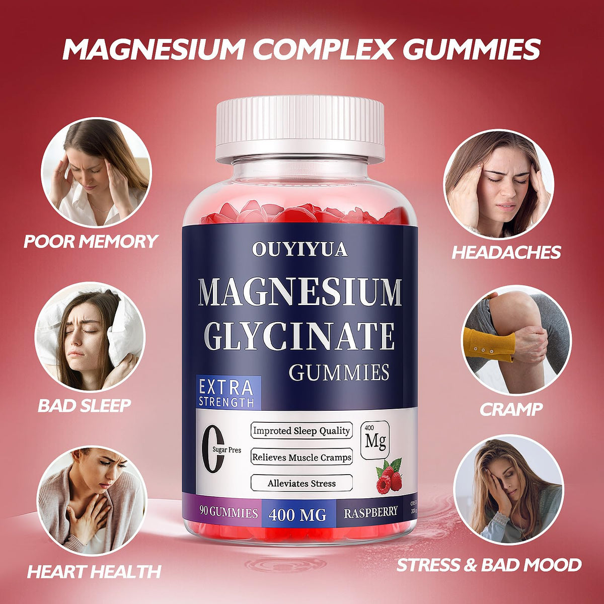 Magnesium Glycinate 400mg Gummies, Sugar Free Magnesium Gummies with Vitamins D, B6 for Sleep Support, OUYIYUA