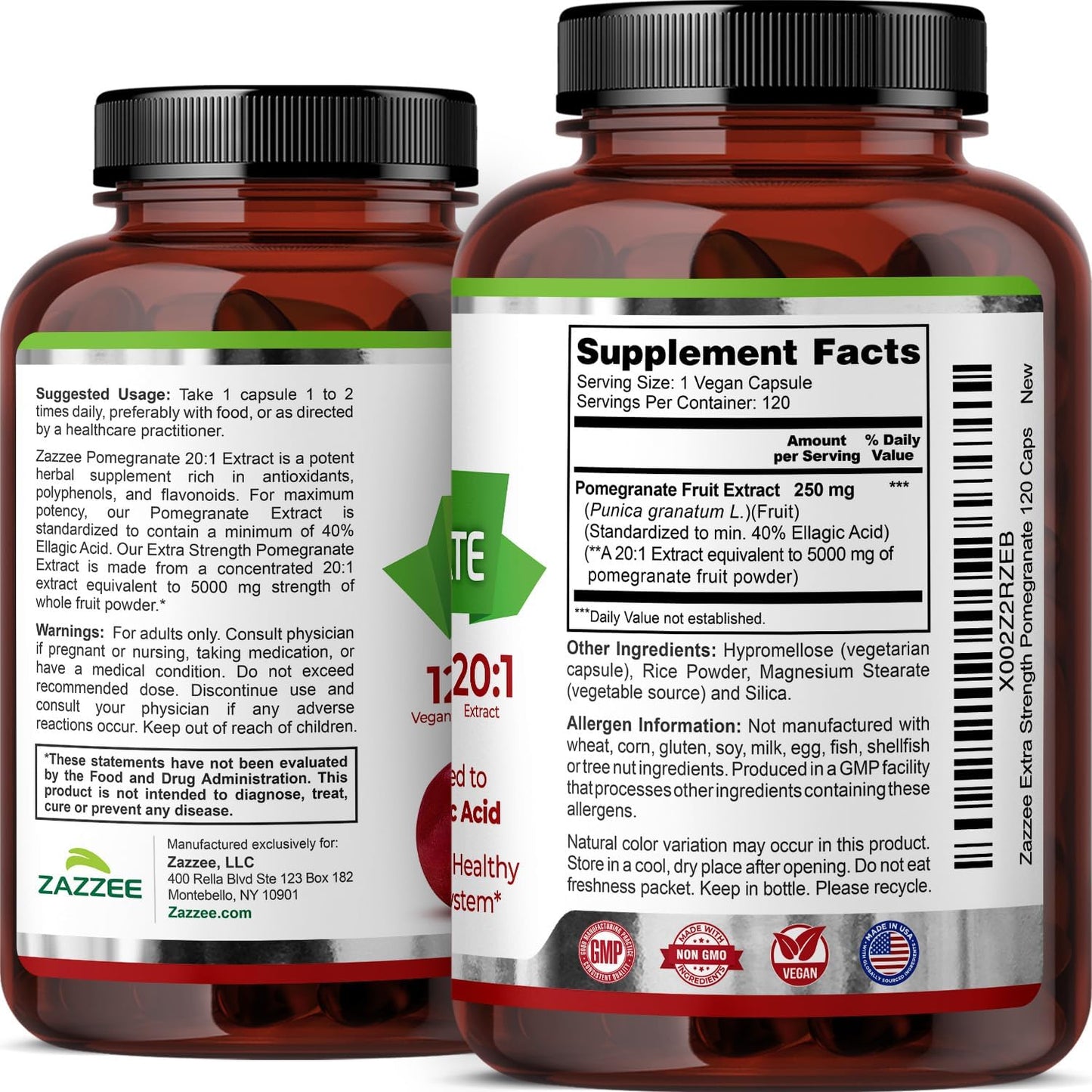 Zazzee Extra Strength Pomegranate 20:1 Extract, 120 Vegan Capsules | 40% Ellagic Acid, 4 Month Supply, Punica Granatum, Antioxidant & Cellular Health Support, Non-GMO, Made in the USA Gsupps Australia