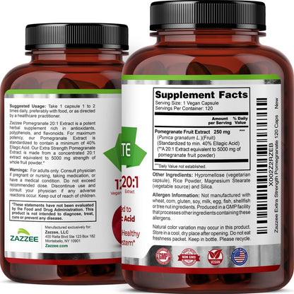 Zazzee Extra Strength Pomegranate 20:1 Extract, 120 Vegan Capsules | 40% Ellagic Acid, 4 Month Supply, Punica Granatum, Antioxidant & Cellular Health Support, Non-GMO, Made in the USA Gsupps Australia
