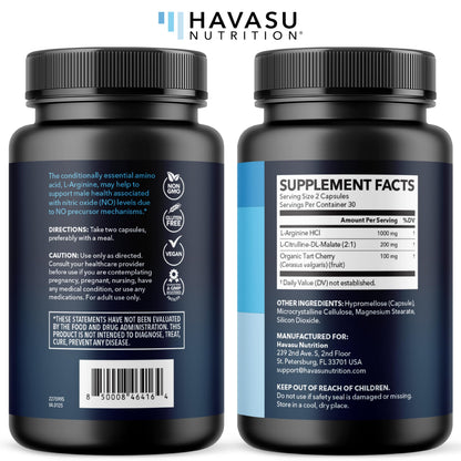 L-Arginine Capsules with L-Citrulline - Nitric Oxide Supplement - L Arginine and L Citrulline Blend - 60 Count - Vegan, Non-GMO Capsules for Performance HAVASU NUTRITION