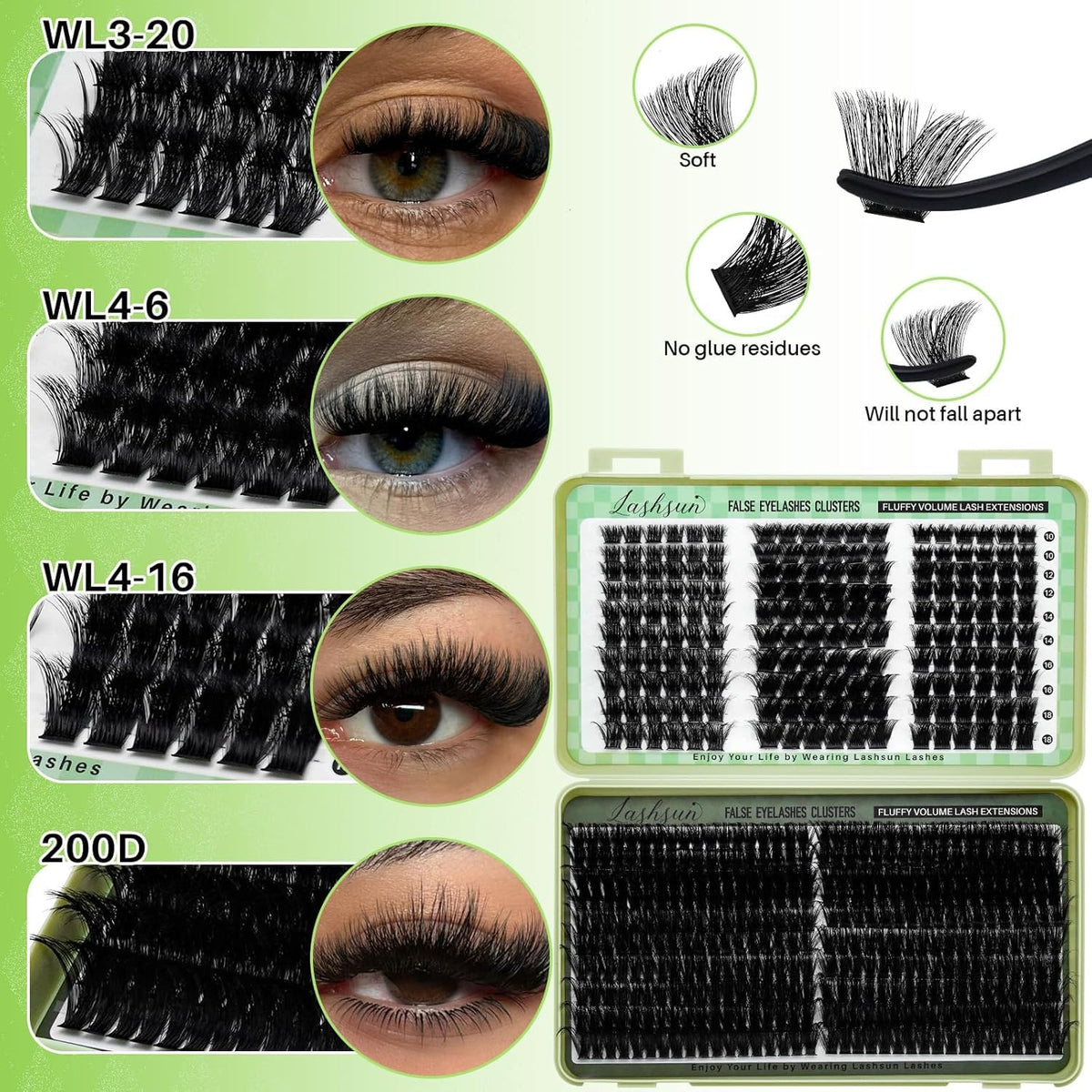 LASHSUN Lash Clusters Kit 540pcs D Curl 4 Styles 10-22mm Wispy Cluster Lashes Kit Soft and Comfortable False Eyelashes Extension Kit, DIY Long Lasting Lashes At Home (WL+200D Kit) LASHSUN